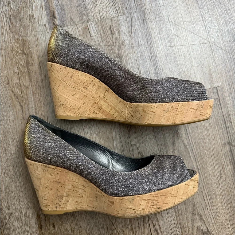 Stuart Weitzman • Anna Metallic Peep Toe Cork Platform Wedge Heels
